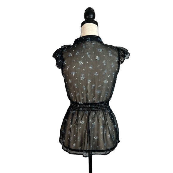 Kirra Womens Blouse Ruffle Blue Floral Button Down Sleeveless Top XS - Picture 3 of 10